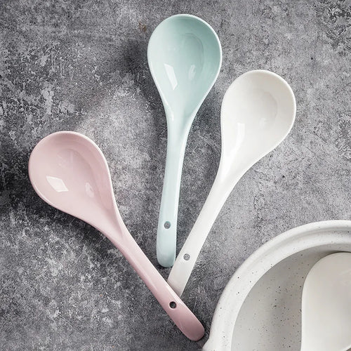 Ceramic Large Soup Spoon Long Handle Serving Spoon Porridge Ladle Home Kitchen Dinnerware 1pc