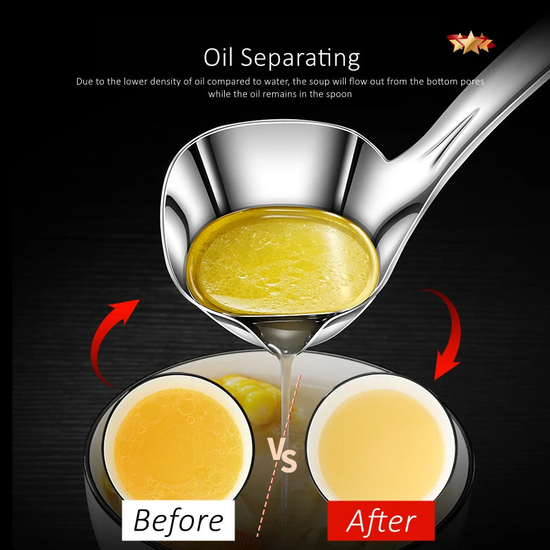 LFGB Certification 99.9% Anti-bacterial 316L Stainless Steel Oil Separating Spoon 1.36mm Thickness 8.8cm Width 28cm Soup Ladle