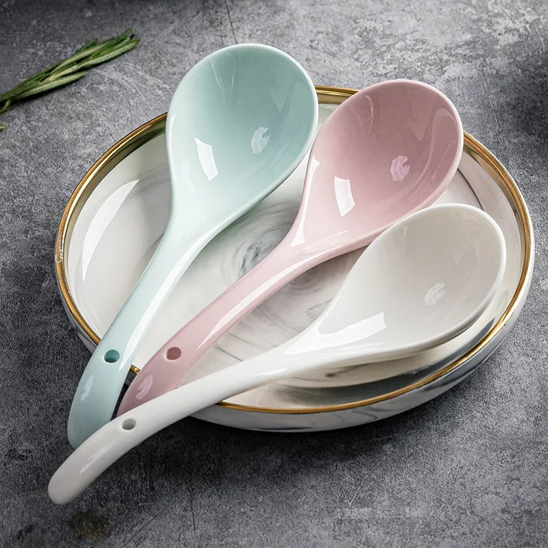 Ceramic Large Soup Spoon Long Handle Serving Spoon Porridge Ladle Home Kitchen Dinnerware 1pc