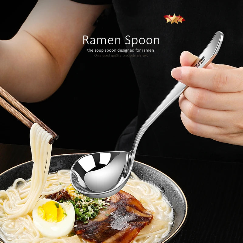 LFGB Certification 304 Stainless Steel Kitchen Soup Ladle Reflective Ramen Cutlery Ultra Thick 3.5mm Serving Spoon for Banquet